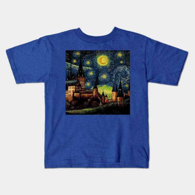 Starry Night Wizarding School Van Gogh Kids T-Shirt by Grassroots Green